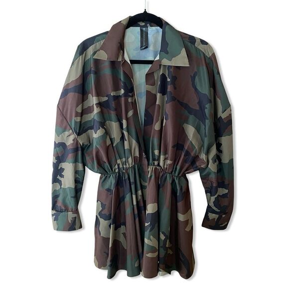 Norma Kamali Oversized Bf Shirt Flared Mini Dress Camo Revolve XS - Picture 4 of 8